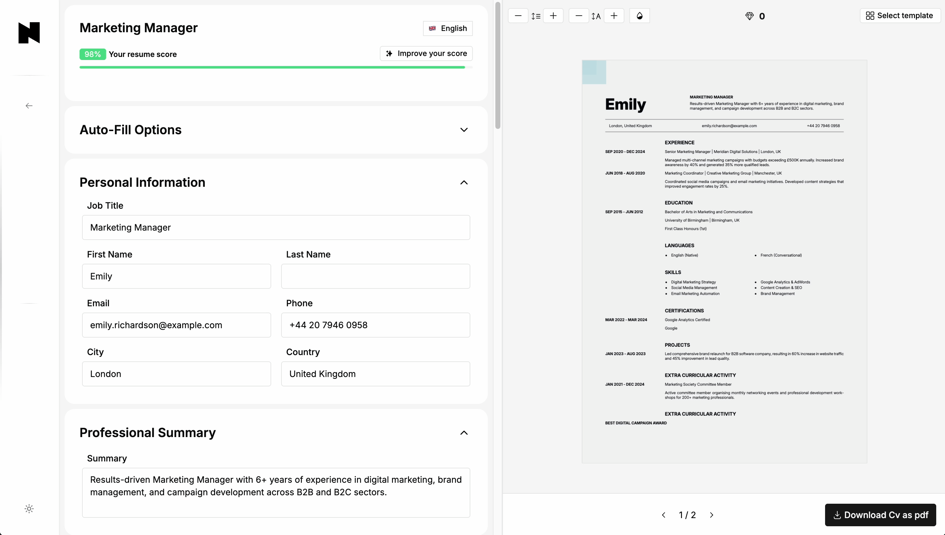 Demo showing how to use the Nextvorlage resume builder