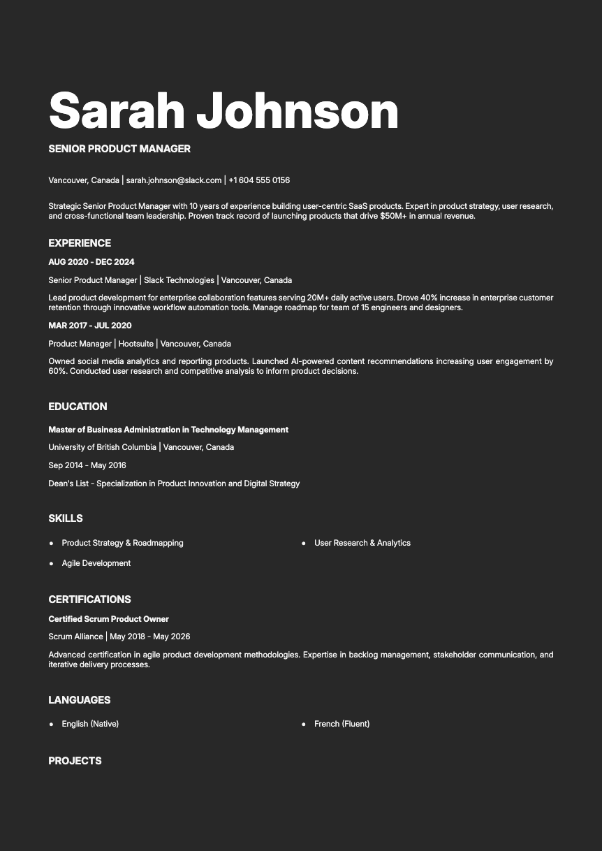 Platinum - Resume template Platinum - Resume and CV template preview, professional ATS-friendly design